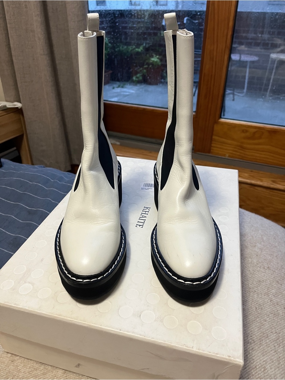 KHAITE White Leather Chelsea Heeled Boots with Black Panels - Picture 2 of 9